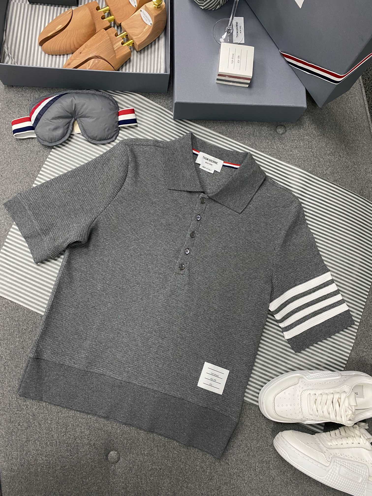 Thom Browne 쇼츠 슬리브 4bar 코튼 폴로 셔츠