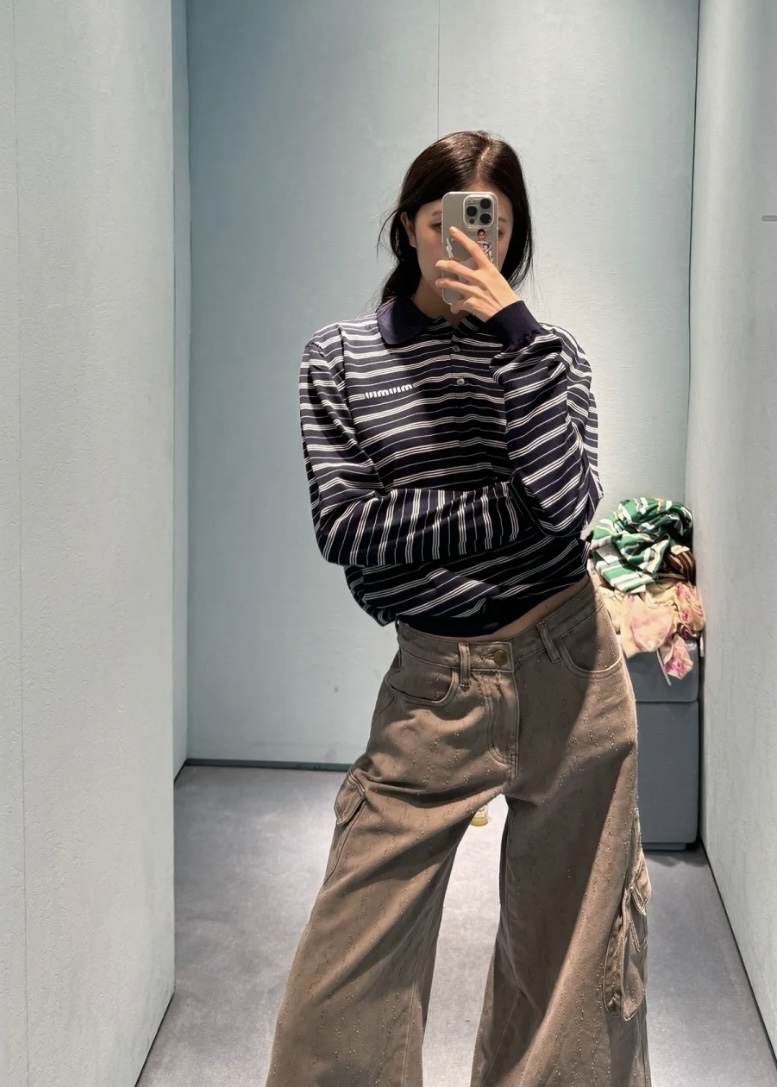 [WOMEN] MIU MIU 스트라이프 코튼 니트 폴로 니트